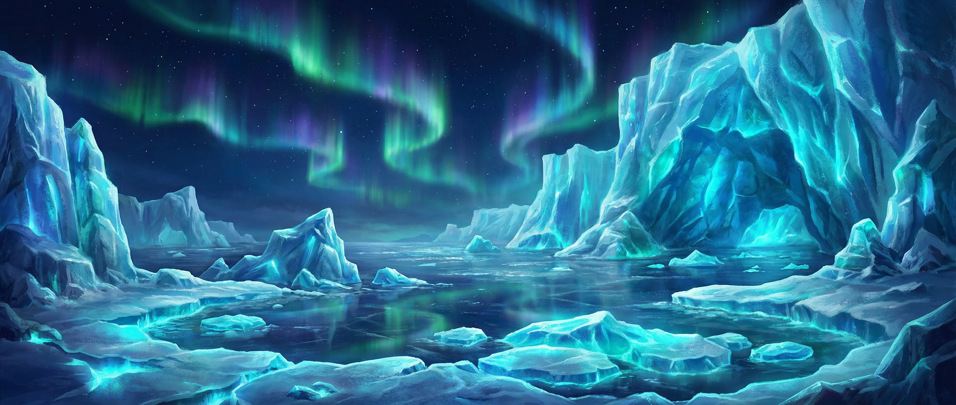 赏金女王试玩 冰川裂隙极地背景 - 极光与冰川交汇的壮丽景象